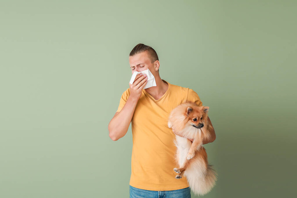 Young man suffering from pet allergy on color background - Фото, изображение