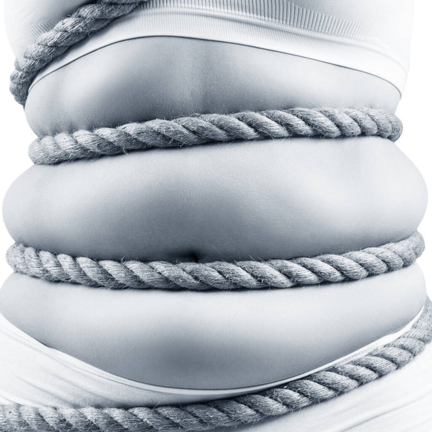 Mujer gorda en ropa interior blanca retorcida con una cuerda
. - Foto, imagen