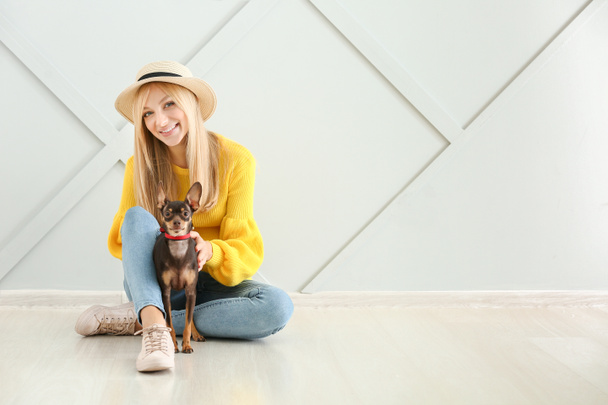 Piękna młoda kobieta z cute pies terrier zabawka siedzi na lekkiej ścianie - Zdjęcie, obraz
