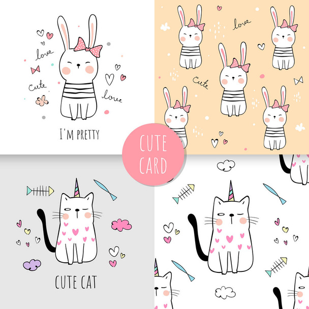 pattern with cats and rabbits for fabric textiles, simply vector illustration - Vector, imagen
