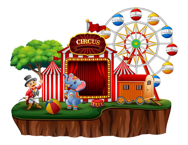 Circus show with trainer and elephant on island - Vector, Image