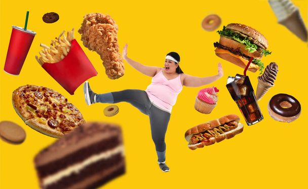 Übergewichtige Asiatin wehrt sich gegen Junk Food - Foto, Bild
