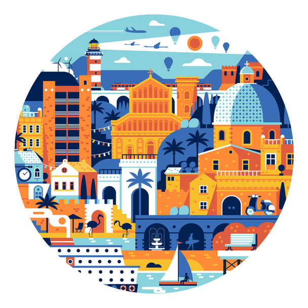 Summer Mediterranean Town Circle Poster or Print - Vector, Image