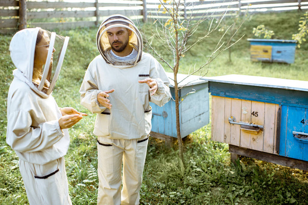 Dwóch pszczelarzy pracujących nad pasieką - Zdjęcie, obraz