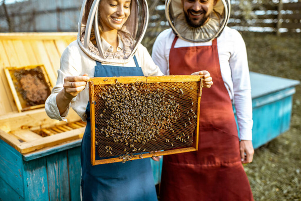 Imker mit Bienenwaben am Bienenhaus - Foto, Bild