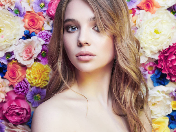 beauty blond girl in flowers - Photo, Image
