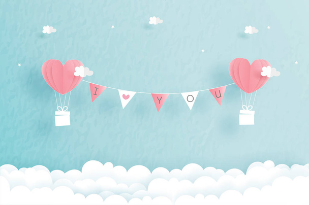 I love you concept with heart balloons and label in the sky, paper art design vector illustration.. - Vector, Imagen