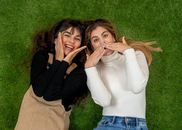 Top view of two stylish girl friends having fun laughing and making faces lying down on grass. Blonde and brunette happy young teenagers women enjoying time together. Friendship, love and care. - Foto, Bild
