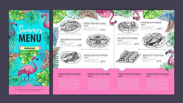 Handtekening zomermenu ontwerp met flamingo en tropisch blad. Restaurant menu - Vector, afbeelding