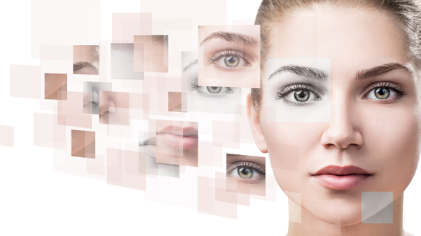 Vrouwengezicht verzameld uit verschillende delen. - Foto, afbeelding