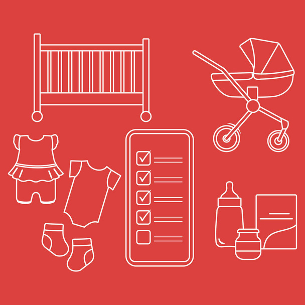 Smartphone con checklist accesorios para bebés recién nacidos
 - Vector, imagen
