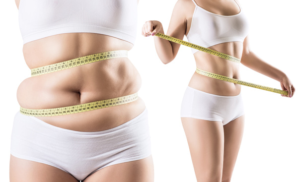 Collage von Frauen vor und nach Diät und Gewichtsverlust. - Foto, Bild
