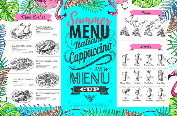 Dibujo a mano de diseño de menú de verano con flamenco y hojas tropicales. Menú restaurante
 - Vector, Imagen