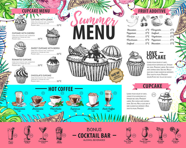 Hand drawing summer menu design with flamingo and tropic leaves. Restaurant menu - Vetor, Imagem