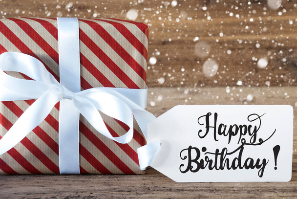 Christmas Present, Label, Happy Birthday, Snowflakes, Wooden Background - Фото, зображення