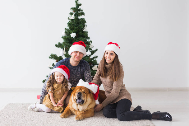 Haustier, Urlaub und Festkonzept - Familie mit Hund liegt am Boden neben Weihnachtsbaum. - Foto, Bild