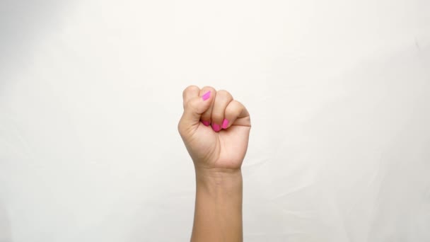 Close-up van de hand van een vrouw tellen een nummer 0 tot 5 met een roze nagellak geïsoleerd op een witte achtergrond. - Video