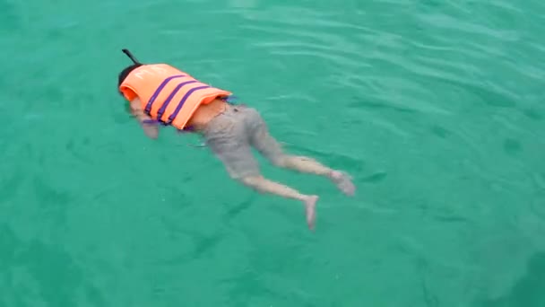 Pessoas nadando no oceano com colete salva-vidas. Desfrute de férias de verão na praia
.  - Filmagem, Vídeo