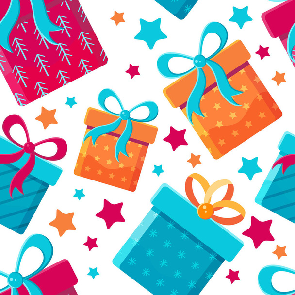 Seamless pattern different gift boxes in flat vector. Collection for Christmas, birthday and holidays. Christmas and new year background. Present box with bow. Cartoon . Colorful illustration - ベクター画像