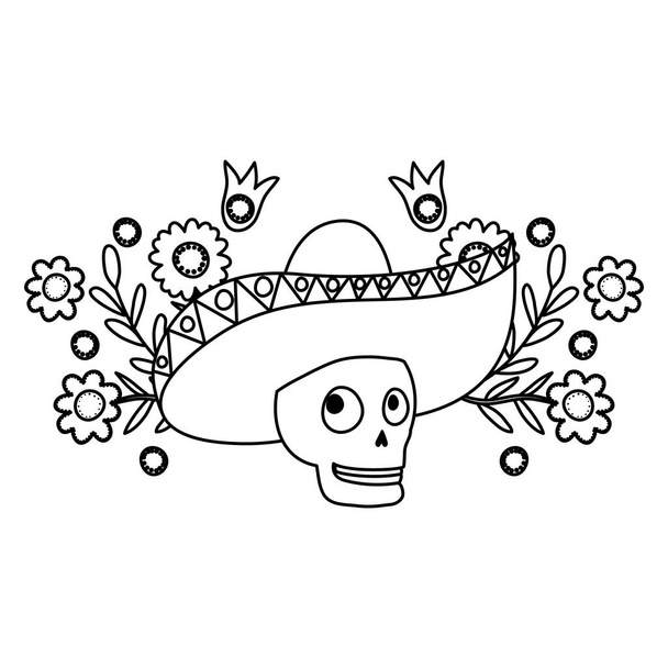 Mariachi-Totenkopf mit Blumen Comic-Figur - Vektor, Bild