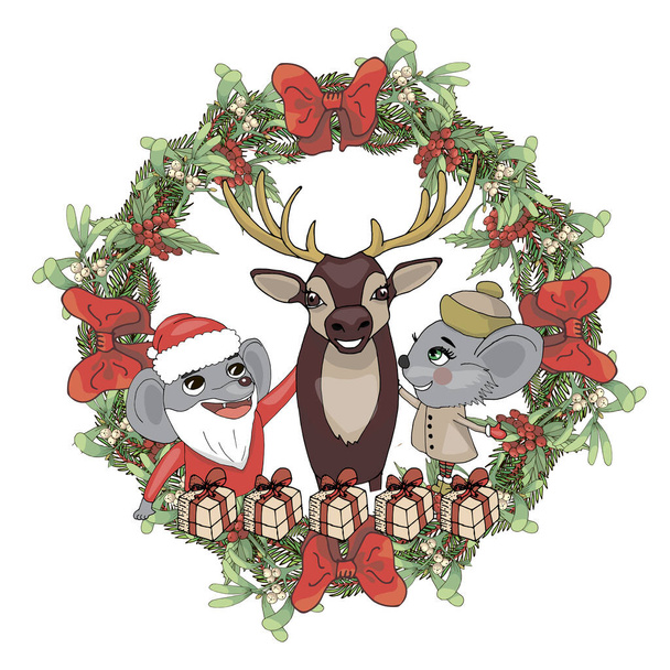 Christmas wreath with a cute deer in the center in doodle style on a white background - Vector, Image