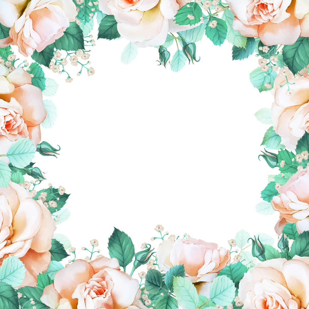 frame of cream roses and buds - Fotoğraf, Görsel
