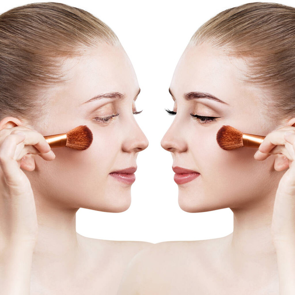 Visage de femme avant et après l'application de maquillage
. - Photo, image