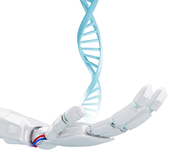 Metalik robot el DNA zincirine dokunur. 3d oluşturma - Fotoğraf, Görsel