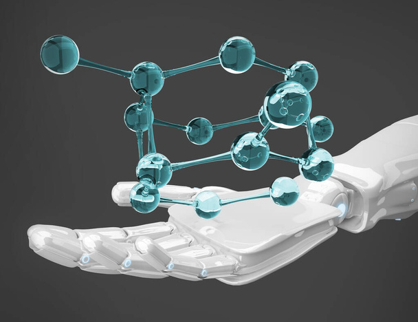 Biała ręka robota prezentuje formułę molekuły. 3d renderowanie - Zdjęcie, obraz