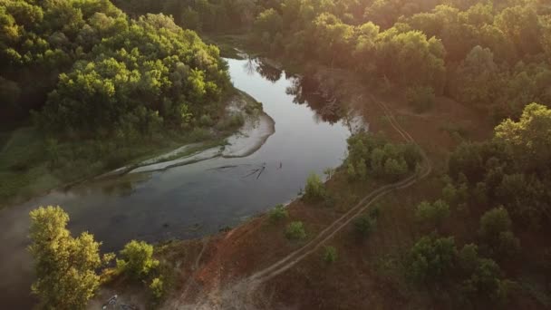 Forest Landscape Sunrise Over Water Cinematic Drone Footage Egy erdő és folyó légi felvételei naplementekor 4k-ben - Felvétel, videó