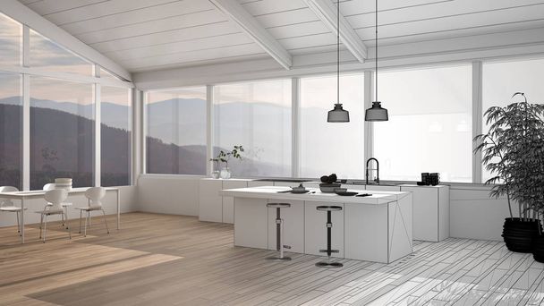Architect interieur design concept: onafgewerkt project dat echt wordt, minimalistische keuken met eiland en eettafel, parket, houten dak en panoramische ramen, interieur - Foto, afbeelding