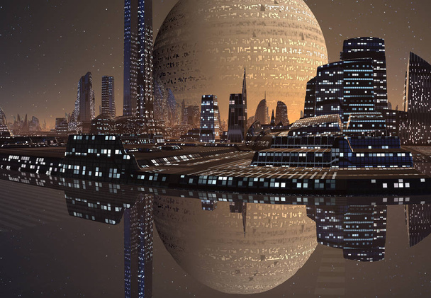 Bir Uzaylı Gezegeni 'nde 3D Oluşturulmuş Gelecekçi Şehir - 3D Görüntü - Fotoğraf, Görsel