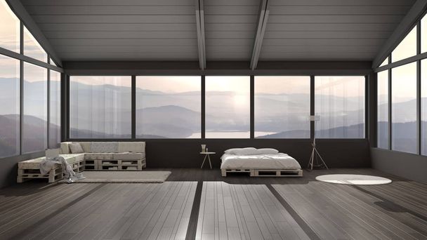 Μεγάλο πανοραμικό υπνοδωμάτιο με παράθυρα στην κοιλάδα του βουνού, διπλό κρεβάτι κατασκευασμένο με παλέτα, ξύλινος καναπές με μαξιλάρια, χαλί, λαμπατέρ από σκανδιναβικό δάπεδο, μοντέρνα αρχιτεκτονική εσωτερική διακόσμηση - Φωτογραφία, εικόνα