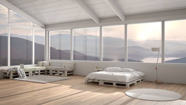 großes Panorama-Schlafzimmer mit Fenstern auf das Bergtal, Bett aus Palette, Holzsofa mit Kissen, Teppichboden, skandinavische Stehlampe, moderne Innenarchitektur - Foto, Bild