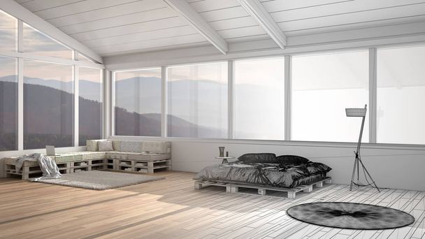 Arkkitehti sisustussuunnittelija käsite: keskeneräinen projekti, joka tulee todellinen, panoraama makuuhuone ikkunat vuorilla, diy sänky valmistettu lava, sohva tyynyt, sisustus
 - Valokuva, kuva