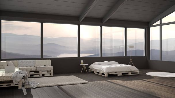 山の谷に窓のある大きなパノラマの寝室、パレットで作られたベッドルーム、枕、カーペットラグ、スカンディナヴィアの床ランプ、モダンな建築インテリアデザインの木製ソファ - 写真・画像