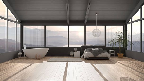 Big panoramic luxury bedroom with windows on mountain valley, double bed with duvet, bedside tables with lamp, bathtub, olive tree, pendant lamp, modern architecture interior design - Photo, Image