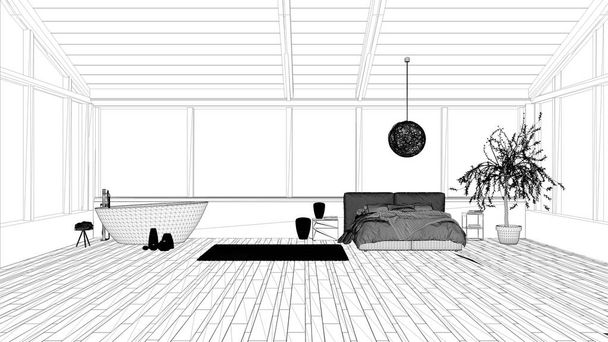 Проект чертежа, панорамная роскошная спальня с окнами, двуспальная кровать с одеялом, прикроватные тумбочки с лампой, ванна, оливковое дерево, подвесная лампа, современный дизайн интерьера архитектуры
 - Фото, изображение