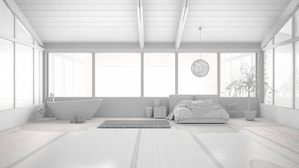 Загальний білий проект панорамної розкішної спальні з вікнами, двоспальне ліжко з ковдрою, приліжкові тумби, ванна, оливкове дерево, підвісна лампа, сучасний дизайн інтер'єру
 - Фото, зображення
