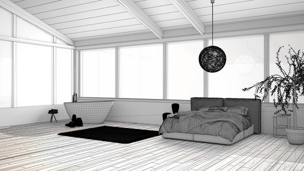 Unfinished project of panoramic luxury bedroom with windows, double bed with duvet, bedside tables, bathtub, olive tree, pendant lamp, modern architecture interior design - Φωτογραφία, εικόνα