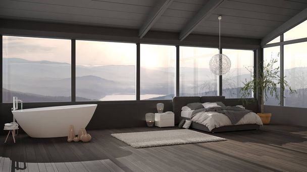 Big panoramic luxury bedroom with windows on mountain valley, double bed with duvet, bedside tables with lamp, bathtub, olive tree, pendant lamp, modern architecture interior design - Photo, Image