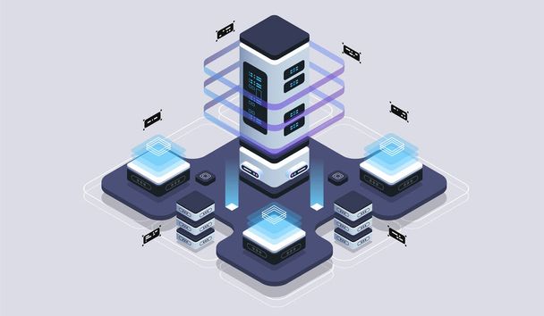 Isometric design concept virtual reality and augmented reality. software development and programming. Computation of big data center, quantum computer isometric vector technology - Вектор, зображення