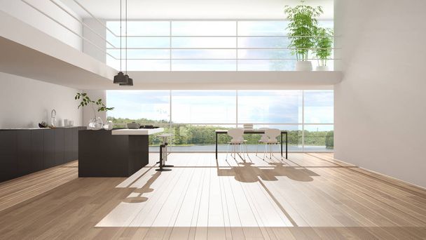 Moderne minimalistische grijze keuken met eiland, eettafel met stoelen, parketvloer, mezzanine en grote panoramische ramen met uitzicht op het meer, ochtendlicht, bamboe planten, interieur - Foto, afbeelding