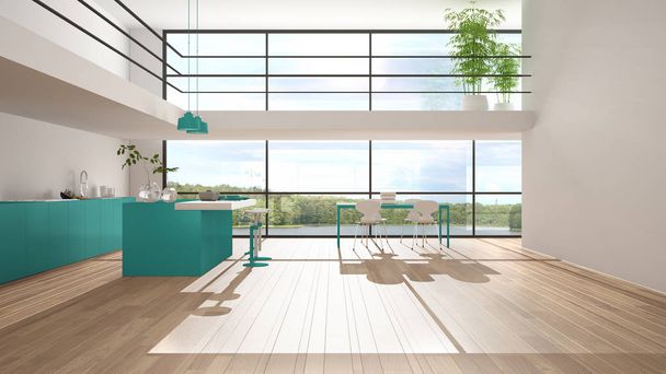 Ada, yemek masası, sandalye, parke, asma kat, göl manzaralı büyük panoramik pencereli modern minimalist turkuaz renkli mutfak, sabah ışığı, bambu bitkileri, iç tasarım - Fotoğraf, Görsel