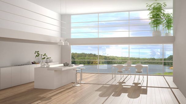 Moderne minimalistische keuken met eiland en eettafel met stoelen, parketvloer, mezzanine en grote panoramische ramen met uitzicht op het meer, ochtendlicht, bamboe planten, interieur - Foto, afbeelding