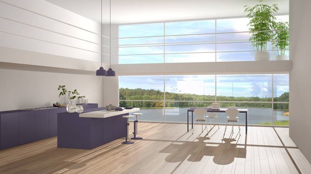 Modern minimalist purple colored kitchen with island, dining table with chairs, parquet, mezzanine, big panoramic windows with lake view, morning light, bamboo plants, interior design - Photo, Image