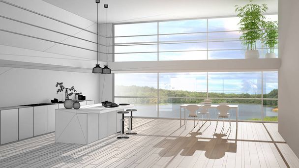 Koncept architekta interiéru: nedokončený projekt, který se stává skutečnou, minimalistickou kuchyní s ostrovem, jídelním stolem se židlemi, mezipatrem, velkými panoramatickými okny, interiérovým designem - Fotografie, Obrázek