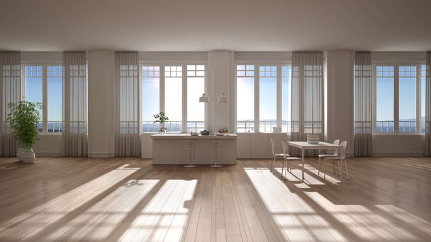 Fehér konyha kortárs stílusban, bárpulttal és fa székekkel. Felfüggesztett lámpák, étkezőasztal székekkel, panorámás ablakok tengerre néző függönyökkel, minimalista belsőépítészet - Fotó, kép
