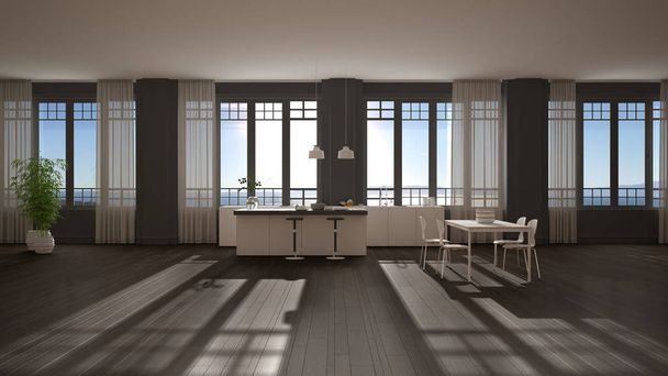 Bílá kuchyně v moderním stylu, s barovou střechou a dřevěnými stoličkami. Závěsné lampy, jídelní stůl se židlemi, panoramatická okna s výhledem na moře, minimalistický design interiéru - Fotografie, Obrázek
