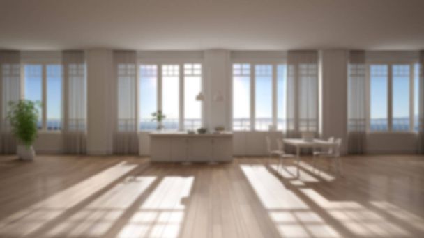 Θολή διακόσμηση εσωτερικού χώρου: κουζίνα σε σύγχρονο στυλ, bar top και ξύλινα σκαμπό. Αναρτημένα φωτιστικά, τραπέζι με καρέκλες, πανοραμικά παράθυρα με κουρτίνες, εσωτερική διακόσμηση - Φωτογραφία, εικόνα